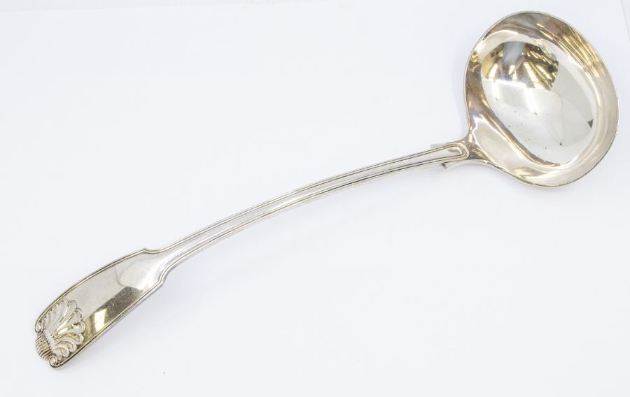 A 19th Century style Sheffield plate fiddle, thread and shell large soup ladle, stamped to reverse