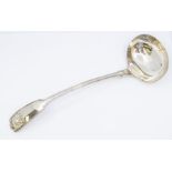A 19th Century style Sheffield plate fiddle, thread and shell large soup ladle, stamped to reverse
