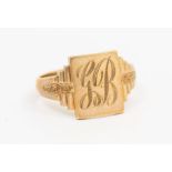 A 9ct gold signet ring, square top initialled G.B, size S, weight approx. 4gms   Further details: