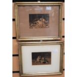 Pair of 19th century hand-painted pictures of cat and dogs playing, on board, signed to bottom