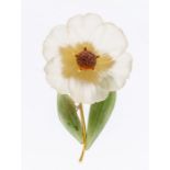 A vintage 18ct gold and carved gemstone flower brooch, comprising a carved rock crystal flower with