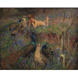 Arthur Wardle (British 1864-1949), "Child and peacocks among bluebells in a woodland setting", oil
