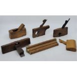 A collection of small and miniature wooden planes, to include: a twin bladed beading router,