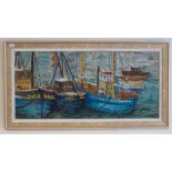 Oil on board depicting 'fishing trawlers at Newlyn Harbour' by C Wagstaff 1967. Signed to lower