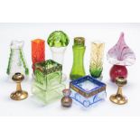 A collection of Art Glass wares and Arts & Crafts gilt candlesticks (11 items).