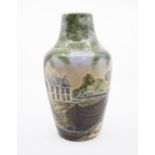 Cobridge stoneware vase with hand-painted scene of a barge on a canal, signed to base