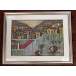Continental stylised harbour scene by Alexit?. Signed to lower right. Frame size approx 65cm x 50cm,