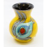 An Anita Harris AHS England yellow-swirl leaf pattern vase. Approximately  13cm high. Condition: