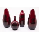 A pair of Royal Doulton Flambe vases and two other Royal Doulton Flambe vases, largest is 16cms