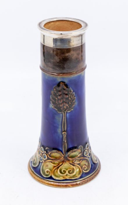 Doulton stoneware glazed pottery, tall spill vase with London silver-rimmed top, c.1900, Art Nouveau