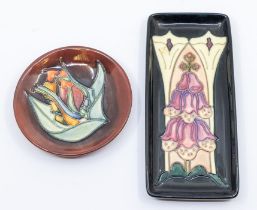 Moorcroft pottery: A rectangular pin dish with Foxglove design circa 1995 plus a circular pin dish