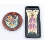 Moorcroft pottery: A rectangular pin dish with Foxglove design circa 1995 plus a circular pin dish