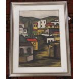 Continental stylised street scene by Alexit? Signed lower right. Frame size approx 64.5cm x 49.