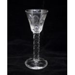 A very rare Georgian facet cut stem wine glass, circa 1780-1800, round funnel bowl engraved with