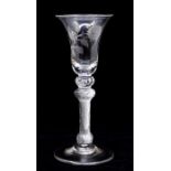 An engraved triple knop multi series composite stem wine glass, circa 1755-1760, the bell bowl