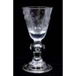 A diamond point engraved English heavy baluster wine glass, circa 1715, round funnel bowl with