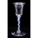 A English four colour twist wine glass, circa 1765, bell bowl, the stem has white, green, blue and