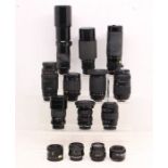Lenses: A collection of assorted camera lenses to include: Minolta 50mm 1:1.7; Nikon AF Nikkor 70-