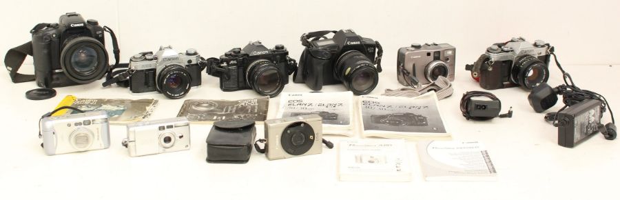 Canon: A collection of eight assorted Canon cameras to comprise: Canon EOS 30 with Canon Zoom Lens