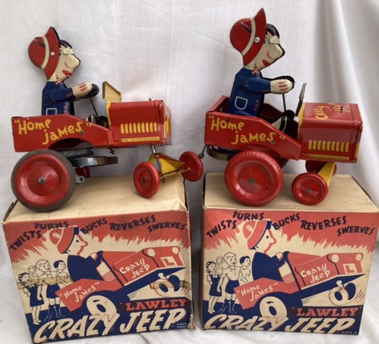 Tinplate: A vintage clockwork tinplate ‘Crazy Jeep’ x 2, made in England by Lawley Toys, one is