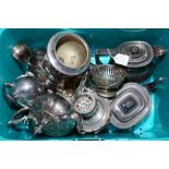 Box of silver plate including: semi-fluted Hotwater Jug, Teapot, a Sucrier and Jug, Rose Bowl,