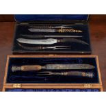 A Victorian Dickinson, Sheffield silver plated horn handled Carving set comprising two Pairs of