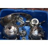 Box of silver plate including: two Spirit Kettles on stands (one A/F), oval two handled Tray,