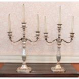 A pair of Edward VII silver three-light Candelabra, each having square section semi-fluted central