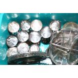 A Box of silver plate including: eleven various Goblets, Waiter, Muffin Dish, two Meat Skewers,