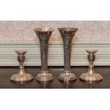 A Pair of Victorian silver trumpet Vases, embossed floral leafage scrolls and acanthus leaves, on