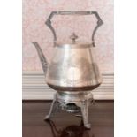 A Victorian silver Spirit Kettle in the Aesthetic taste of straight tapered form, engraved strap-