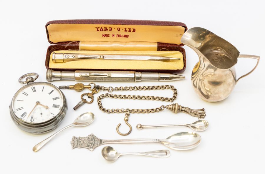 A collection of hallmarked and silver toned items to include a Chester pocketwatch, a small jug,