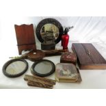 Mixed collection to include a wooden book rest, Victorian iron, pair of bellows, mirror, 2 picture