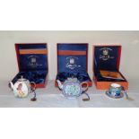 set of 3 boxed Charlotte Di Vita enamel tea wares   2 tea pots and a cup and saucer  ( 3 )