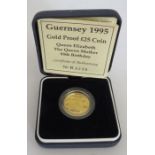 A Guernsey 1995 gold proof £25 coin for the 95th Birthday of Queen Elizabeth the Queen Mother,