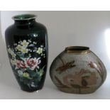 2 Japanese cloisonné vases, taller vase decorated with flowers on a green ground with white metal