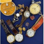 A silver wrist watch, with other gents wristwatches, a variety of cufflinks and dress studs and a