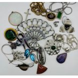 A selection of silver brooches, pendants and costume jewellery to include enamel leaf brooches, a