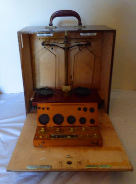 WJ George Ltd Birmingham 1897-1949 Balance Scales, pine boxed with cased brass weights, box measures