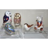 A small collection of Royal Crown Derby Imari paperweights to include 3 owls a Daybreak Owl,