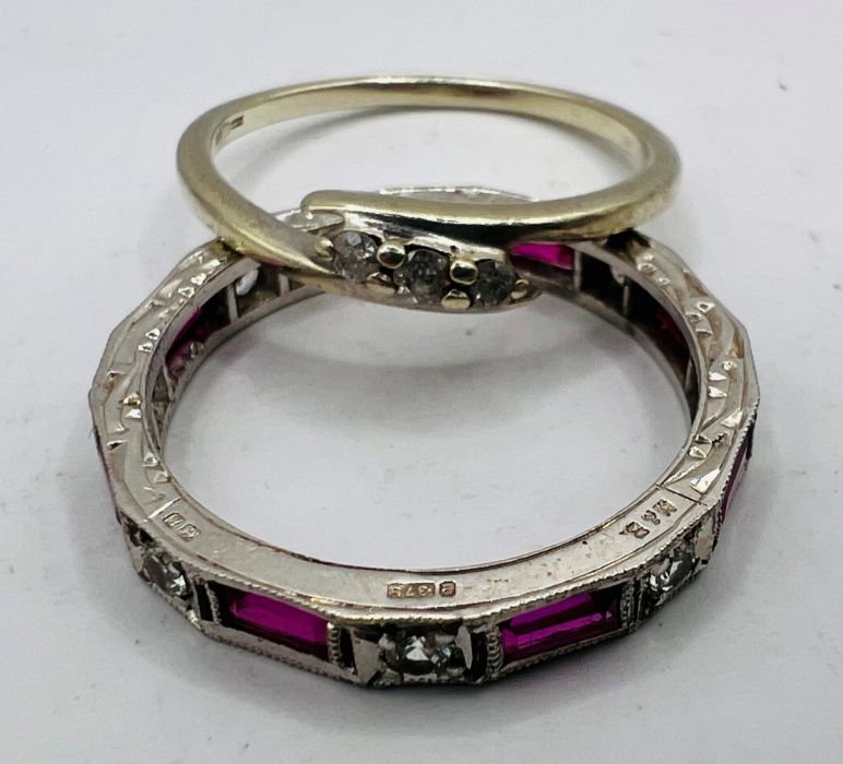 A pair of white 9ct gold rings - one a synthetic ruby and cubic zirconia eternity band (gross