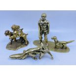 A trio of brass cast figures and animals - to include: A heavy cast brass study of a fox, 21cm long.