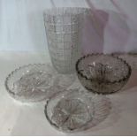 A large Mappin & Webb Shanghai cut glass vase and 3 cut glass bowls