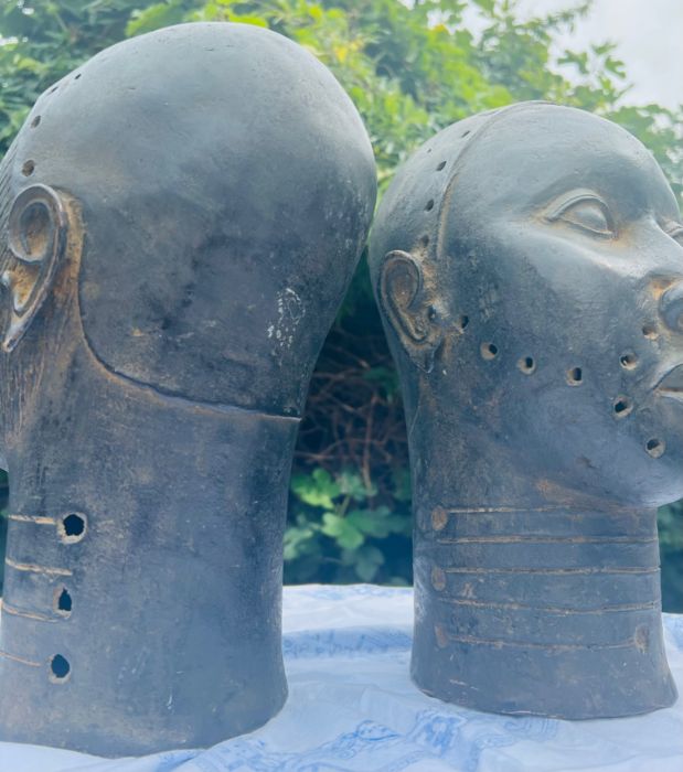 A pair of 20th century bronze Ife heads from Nigeria. Approximately 31 cms in height. Please note - Image 5 of 5