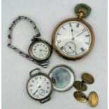 A trio of watches, plus a pair of antique cufflinks. Comprising a sterling silver, hallmarked import