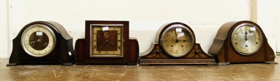 Four mantel clocks, Art deco type and Napoleon hat types. 2 or 3 train spring driven  movements, one