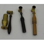 3 Antique gun powder shot measures, made of brass with wooden handles, one by G & J W Hawksley and a