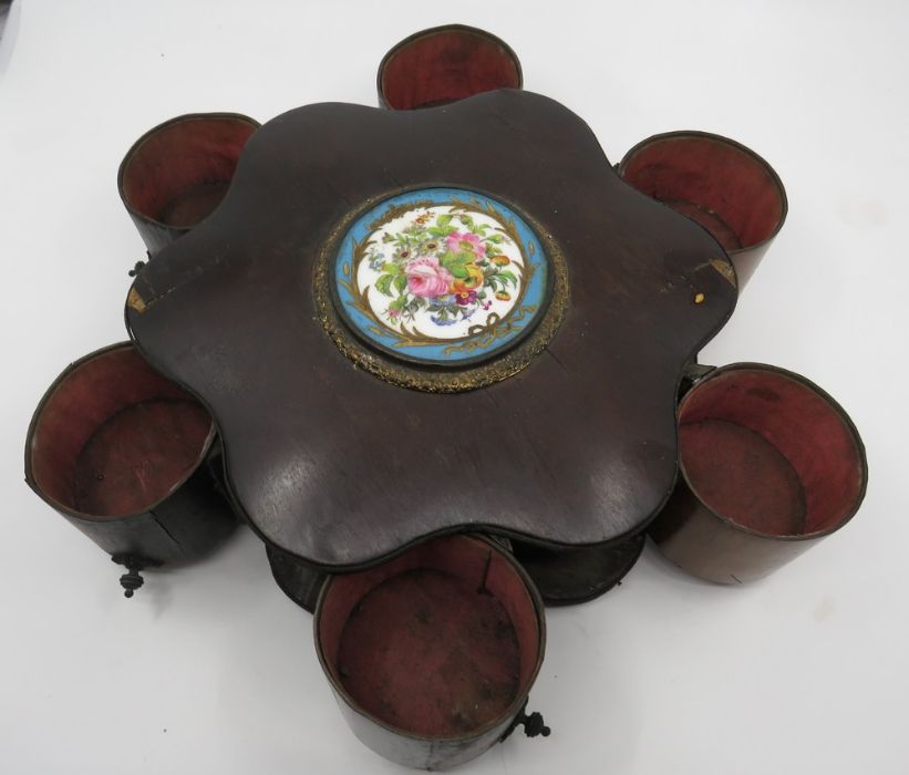 A 19th century trinket  box with pull out rotating compartments with a Servres style porcelain - Image 2 of 2