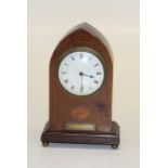 A George III style mahogany and box inlaid small laucet shaped timepiece having a lever movement and