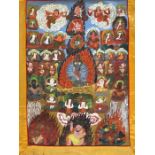 A late 20th century Sino-Tibetan Thangka, gouache on cotton within silk border, 62cm x 105cm.